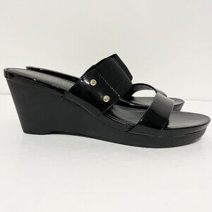 LRL Ralph Lauren Womens Rhianna Wedge Sandals Slides 9B Black Patent Leather Y2K